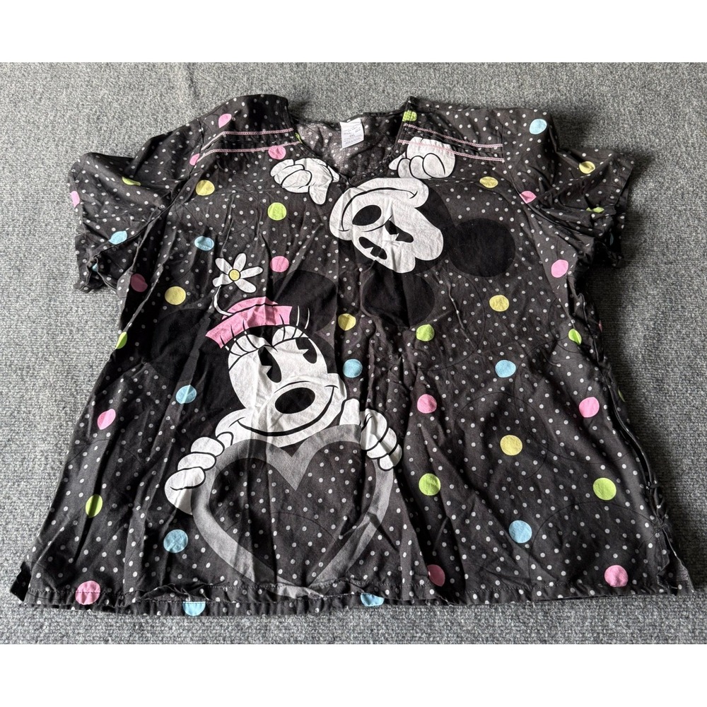 Disney Mickey Minnie Mouse Polka Dot Scrub Top‎ Black 3XL V-Neck
